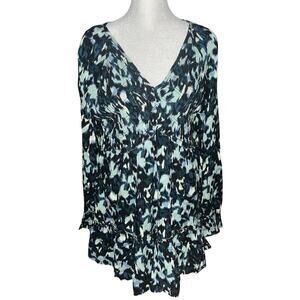 BEACHLUNCHLOUNGE Talia Printed Smocked Tunic Blue Green Teal Sz Medium